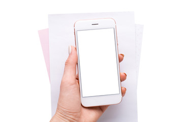 Female hand with mobile phone on white background temparate