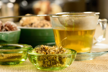 chamomile tea cup with crackers