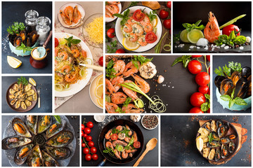 Food set collage of various pictures of seafood dishes meal. Shrimps and mussels bbq grilled baked and seafood pasta