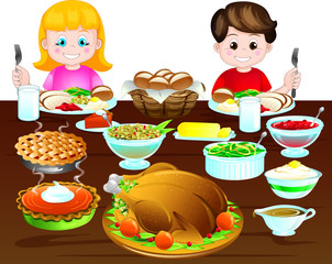 Illustration of a young boy and girl holding forks in front of a Holiday turkey meal