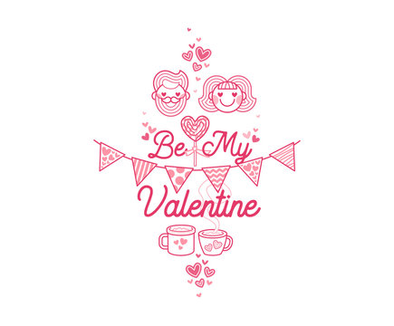 Vector Be My Valentine image. Pink heads in love couple.