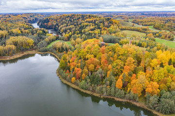 Forest in autumn colors. Colored trees and a meandering blue river. Red, yellow, orange, green deciduous trees in fall. Veclaicene, Latvia, Europe