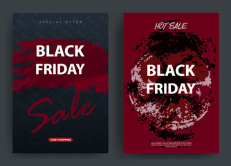 Black friday sale banners. Stylish red and black background with ink strokes and the text Black Friday. Price collapse. Vector