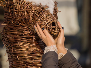 Hands stroking the fairy deer on Christmas, new year..