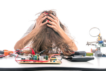 Woman Repairing Computer Part, Problems Concept, Service Center Problems. Electronics Repair...