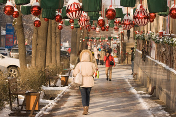 The decoration of the streets and storefronts of new year and Christmas toys balls, lanterns.