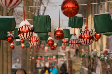 The decoration of the streets and storefronts of new year and Christmas toys balls, lanterns.