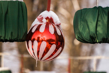 The decoration of the streets and storefronts of new year and Christmas toys balls, lanterns.