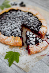 Homemade berry pie made with fresh organic currants with powdered sugar, top view. Open pie, currants tart. Fruit bakery. Summer food, summer pie.