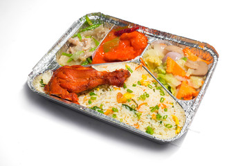 The Food Warmer Aluminum Foil Rectangular Disposable Parcel lunch box. Thai and Chinese style meal take away delivery. 450ML 3 parts Foil Container lunch food box. Top view, at white background.