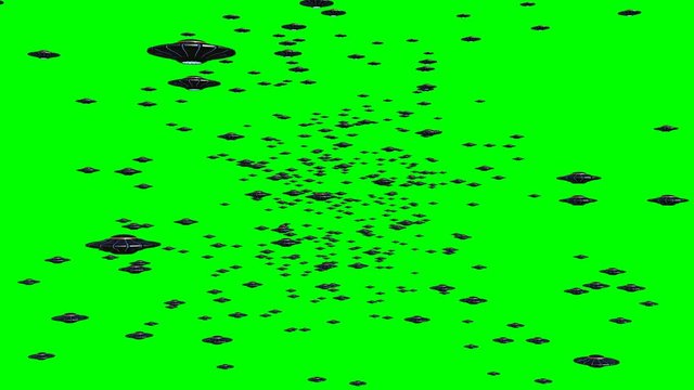 UFOs, huge group of rotating flying saucers, alien spaceships isolated on green screen background, 4k loop