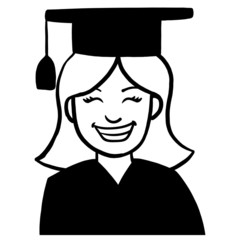 monochrome comic illustration of a graduate student with blond hair and a hat on his head laughing. avatar, vector.