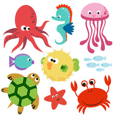 Cute colorful set of undersea world vector animalas.