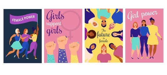 Fototapeta premium Girl power inspirational quotes posters set vector illustration. Collection of feminine statements hyping depressed women with joyful postcard flat style concept