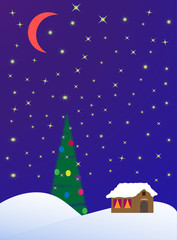 On the eve of Christmas. Night landscape with snowdrifts, starry sky and moon. Decorated spruce and a fabulous house complement the atmosphere of the holiday. Vector illustration. Christmas card.