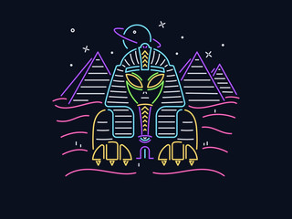 Fototapeta na wymiar Alien Sphinx with pyramids vector design neon style