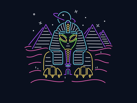 Alien Sphinx with pyramids vector design neon style