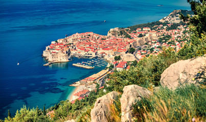 Aerial morning view of Dubrovnik city. Splendid summer scene of Croatia, Europe. Beautiful world of Mediterranean countries. Traveling concept background.
