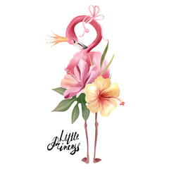 Cute flamingo princess with gold crown and tropical flowers, floral bouquet