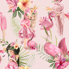 Obraz na płótnie Canvas Beautiful tropical exotic floral seamless, tileable, watercolor pattern, background with pink flamingo birds and princess girls