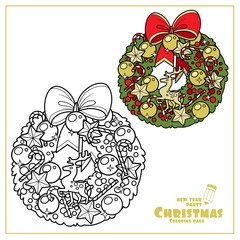 Christmas wreath with golden balls, deer figurine and striped candy color and outlined for coloring page