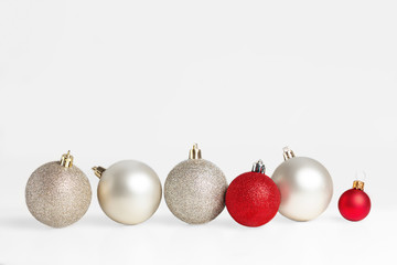  Christmas balls in a row on white background. Christmas wide panorama