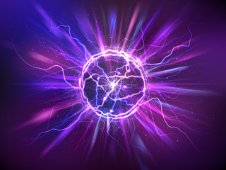 Electric ball or plasma sphere with rays, realistic vector illustration. Abstractt ball lightning with burning flash or powerful electric discharges isolated at night background. Magical energy design