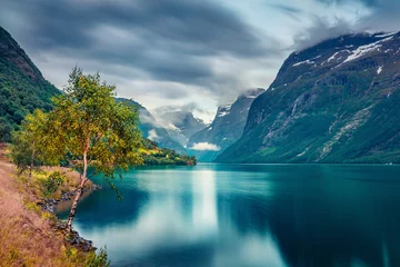 Düsterer Sommerblick auf den See Lovatnet, Gemeinde Stryn, Kreis Sogn og Fjordane, Norwegen. Dramatische Morgenszene von Norwegen. Schönheit des Naturkonzepthintergrundes. © Andrew Mayovskyy