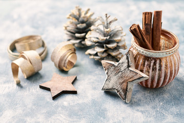 Christmas decoration on rustic wooden background. Close up.