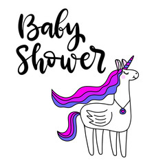Baby shower girl and boy invitation with hand drawn lettering and unicorn. Template for birthday party card. Vector illustration.