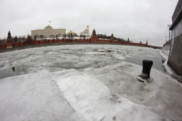 Moscow, Russia"; January 2017: Detail of the frozen Moscow river in winter