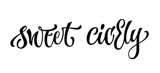 Hand drawn spice label - sweet cicely. Vector lettering design element. Isolated calligraphy script style word for labels, shop design, cafe decore etc