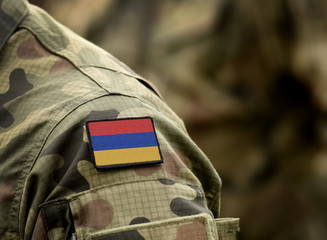 Flag of Armenia on military uniform. Army, armed forces, soldiers. Collage.