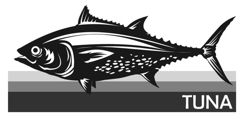 Tuna fish is a species of mackerel. Tunny. Thunnus. Fish for labels, logo, packaging. Fishing for tuna. Atlantic or Pacific tuna. Family Scombridae. Oceanic. Tasty. Vector illustration. Isolated.
