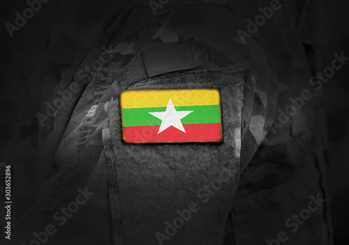 Flag of Myanmar and also known as Burma on military uniform. Army, armed forces, soldiers. Collage.