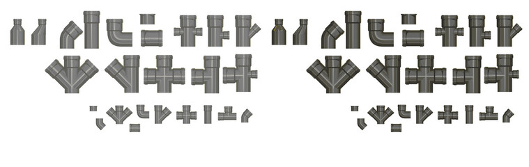 Sewer pipe. Couplings, turns, tees, adapters. Set. Fitting. Plugs and crosses. Sewerage drainage. Connections. Plumbing. Piping system. Draining. A set of elements.   Collection. Vector. Isolated.