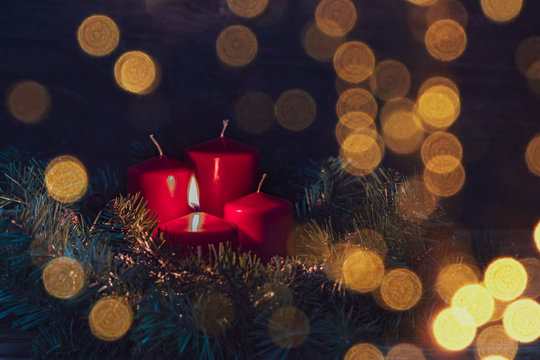 One Advent burning candle, christmas decoration, postcard concept