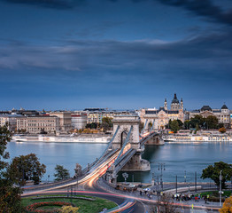 View on the famous Chain Bridge, Budapest in sunset.