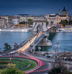 View on the famous Chain Bridge, Budapest in sunset.