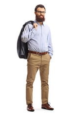 Elegant bearded man holding his coat over his shoulder