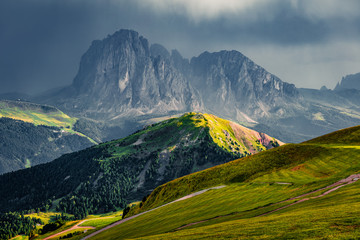 Picturesque morning scene of Gardena valley, Dolomiti Alps. Beauty of nature concept background