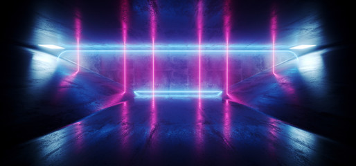 Dark Night Stage Club Alien Neon Futuristic Sci Fi Purple Blue Glowing Laser Beams Cement Concrete Grunge Reflections Empty Space Cyber Virtual Background 3D Rendering