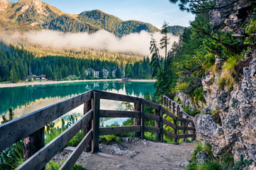 Amazing morning view of Braies (Pragser Wildsee) lake. Calm summer scene of Fanes-Sennes-Braies...
