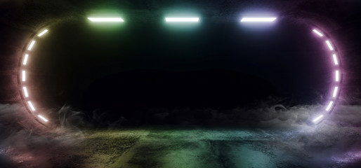 Dark Neon Glowing Rainbow Laser Led Smoke Fog Steam Mist Oval Tunnel Corridor Garage Hallway Underground Cyber Virtual Empty Sci Fi Futuristic 3D Rendering