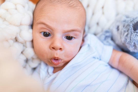 Adorable baby lying down over blanket on the floor at home. Newborn relaxing and resting comfortable with teddy bear