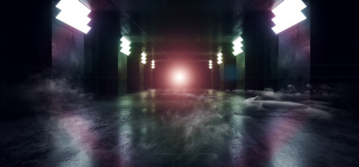 Fototapeta na wymiar Smoke Fog Mist Big Hall Underground Tunnel Neon City Retro Modern Virtual Reality Sci Fi Futuristic Blade Runner Purple Green Flare Concrete Grunge Empty Background 3D Rendering