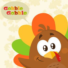 Happy Turkey Bird Cartoon Character Waving From A Corner. Vector Illustration Flat Design With Background And Text