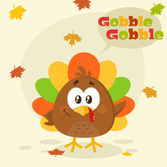 Cute Little Turkey Bird with Falling Leaves. Vector Illustration Flat Design With Background And Text