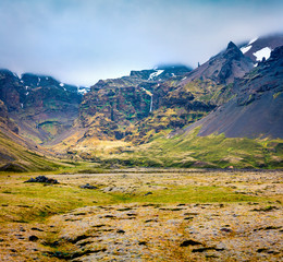 Typical Icelandic landscape with majestic canyon and pure water spring. Dramatic summer morning in...