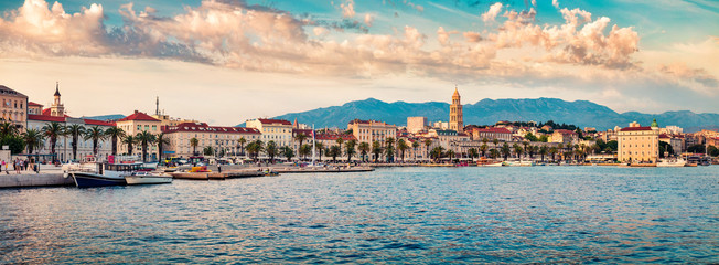 Amazing evening panorama of Split city with Diocletian palace. Picturesque summer seascape of Adriatic sea, Croatia, Europe. Beautiful world of Mediterranean countries. Traveling concept background.